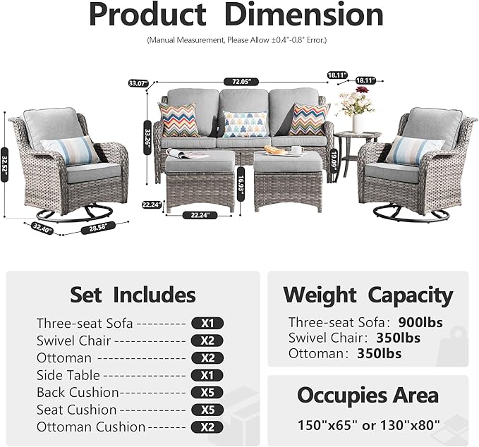 HOOOWOOO Patio Furniture Set,6 Piece Outdoor Furniture Set with Swivel Chairs,Wicker Patio Conversation Couch Chairs Ottoman Set,Light Gray