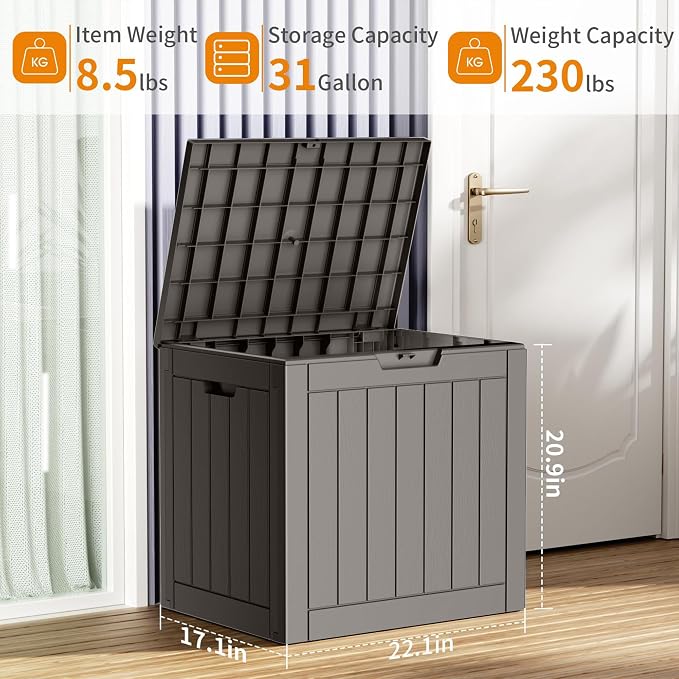 PatioZen 31 Gallon Resin Deck Box, Lockable Patio Outdoor Storage Box for Furniture, Garden Tools and Tools Storage, Waterproof Outside Storage Boxes - Grey - Image 2
