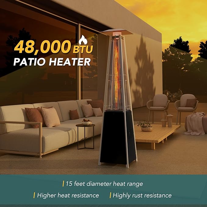 Pamapic Patio Heater with Cover, 48,000 BTU Pyramid Flame Outdoor Heater Quartz Glass Tube 87" Propane Heater