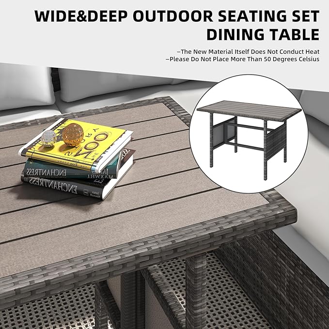 AECOJOY Outdoor Patio Furniture Set with Waterproof Cover, 7 Pieces Clearance Sectional Rattan Dining Table&Chairs, All Weather Wicker Conversation Sofa Couch, Light Grey Cushions&Grey Rattan