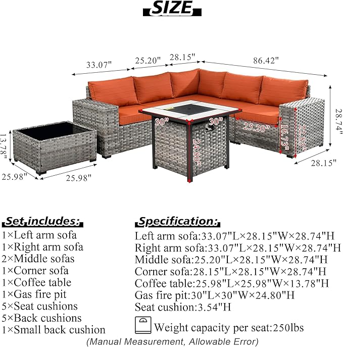 HOOOWOOO Modular Patio Outdoor Sectional Furniture Set with Gas Propane Fire Pit Table,7 Piece Wicker Conversation Sofa Set,Out Door Couch Set with Wide Arm Outside(Denim Blue)