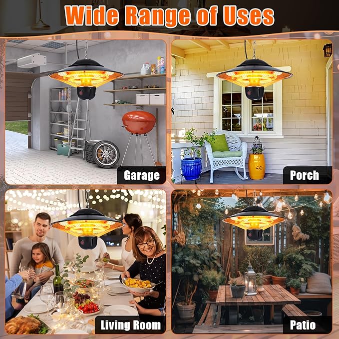 1500w Ceiling Mounted Outdoor Heaters Electric Hanging Infrared Patio Heater with Remote Control, Dust Cover and Adjustable Chain, 3 Adjustable Modes for Garage, Gazebo, Balcony, Courtyard