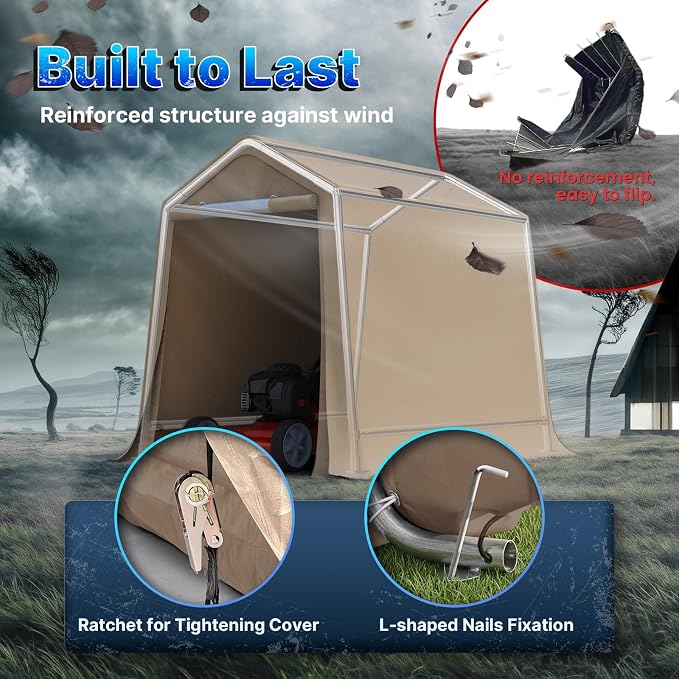 ADVANCE OUTDOOR 6x8 ft Outdoor Portable Storage Shelter Shed with 2 Roll up Zipper Doors & Vents Carport for Motorcycle Waterproof and UV Resistant Portable Garage Kit Tent, Beige - Image 4