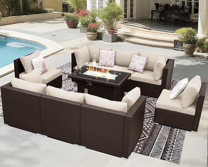 BULEXYARD 9 Pcs High Back Outdoor Sectional Set with Firepit Table, High-End Patio Furniture Seating Set, Big Oversized Wide Deep Modular 8-Seater Couch Sofa for Backyard, Brown Wicker & Beige Cushion