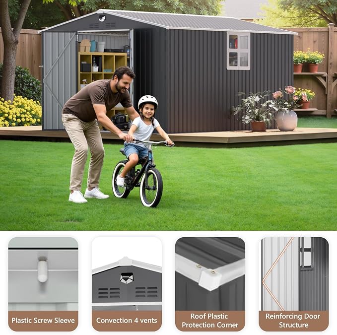 10x12 FT Outdoor Storage Shed, Metal Garden Shed - Tool Storage Sheds with Lockable Doors & 1 Clear Window, Waterproof Outside Storage Building for Backyard, Patio (Black; Floor Not Included) - Image 7