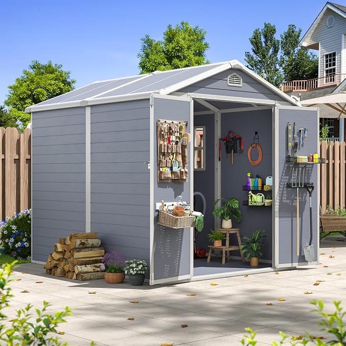 Aoxun 6x8 FT Outdoor Storage Shed, Plastic Garden Resin Shed with Floor and Window for Patio, Lawn, Outdoor Storage with Lockable Door for Bike, Tools, Garbage Can, Grey by Aoxun