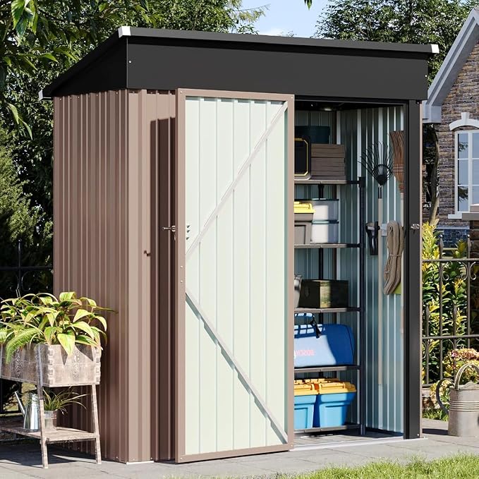Aoxun 5’ x 2.9’ Shed Outdoor Storage Shed with Lockable Doors & Slooping Roof Metal Garden Tool Shed for Backyard, Patio, Poolside (Brown) - Image 8