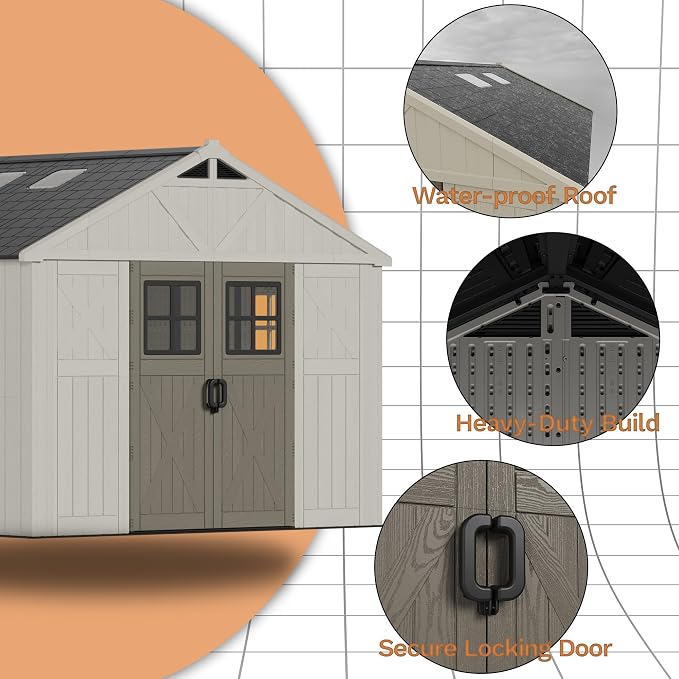 Devoko 10x10 FT Resin Outdoor Storage Shed with Floor, Plastic Tool Garden Shed with Windows & Lockable Door, Outside Large Storage Shed for Patio Backyard Lawn, Beige - Image 5