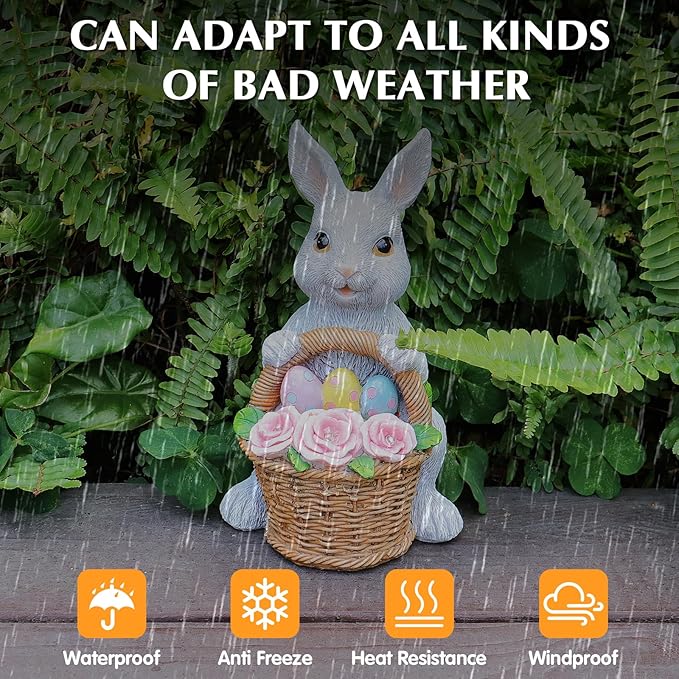 Bunny Easter Decorations Outdoor, Solar Rabbit Garden Statue, Unique Outside Lawn Animal Ornaments for Patio Clearance Balcony Court, Great Housewarming Gifts to Mom Women Birthday Mother's Day