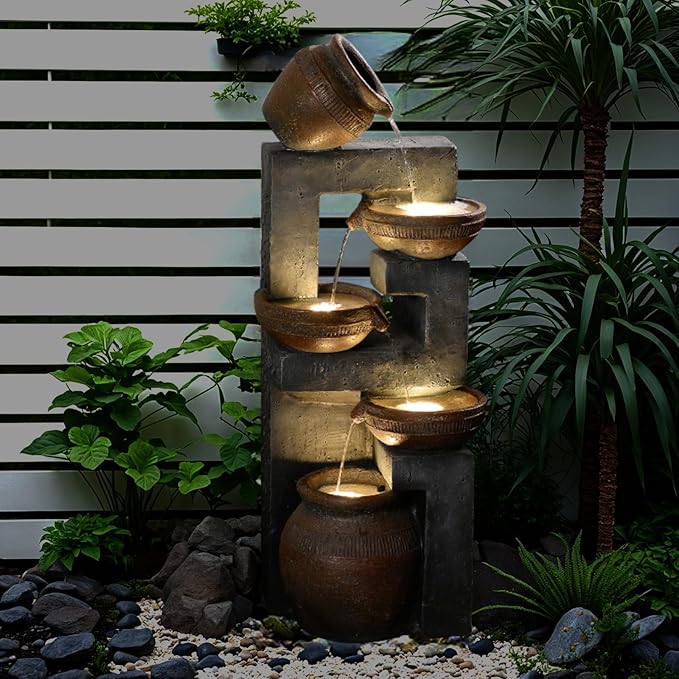 33.8" H Water Fountain Outdoor with LED Lights & Pump, 5-Tier Cascading Outdoor Fountain for Garden,Patio,Porch,Backyard,Home Art Decor (Brown)