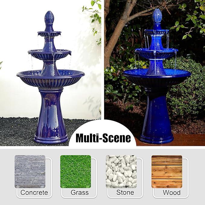 Glitzhome Water Fountain Outdoor Floor-Stand Fountain with LED Light & Pump Oversized 3 Tier Ceramic Cobalt Blue Patio Fountains and Waterfalls Outdoor Yard Fountains for Lawn Garden Backyard