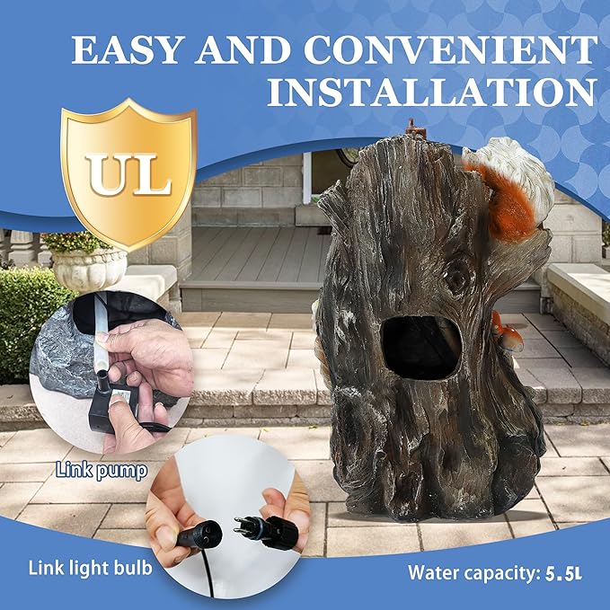 Outdoor Garden Water Fountain with Cascading Rock, 4-Tiers Fountains and Waterfalls with LED Lights,Indoor/Outdoor Morden Floor Standing Water Feature w/2 Squirrel Decor for Patio, Backyard