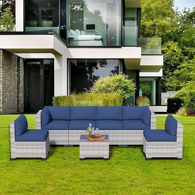 7 Piece Patio Furniture Set, Rattan Outdoor Patio Conversation Sets, Outdoor Sectional Furniture with Thickened Cushion and Coffee Table, for Deck, Backyard, Garden, Off-White & Dark Blue