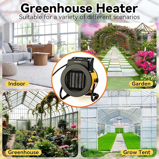 Greenhouse Heater with Thermostat, Outdoor Heaters for Patio, 3 Modes for PTC Ceramic Fast Heating, Overheat Protection, IPX4 Waterproof for Greenhouse, Grow Tents, Patio, Black-Yellow