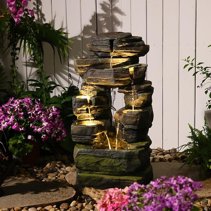 26.4" Outdoor Water Fountain with LED Lights, Stacked Rock Waterfall Fountain, Resin Garden Water Feature for Arch Design, Freestanding Patio, Yard