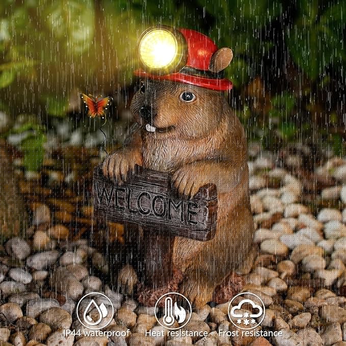 Groundhog Welcome Garden Statue with Solar Headlamp – Funny Animal Outdoor Yard Decor with LED Light and Butterfly – Waterproof Resin Garden Ornament for Patio, Lawn, Pathway