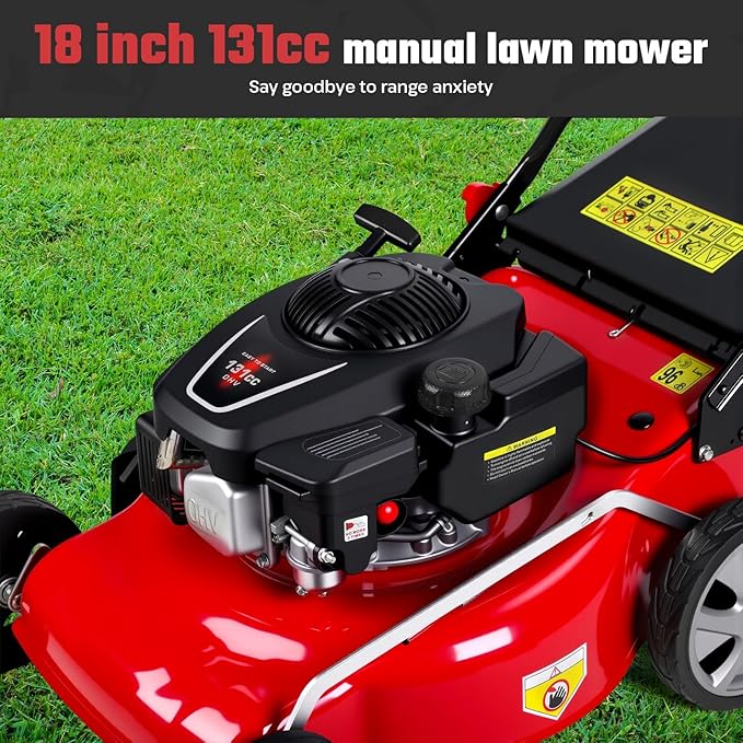 18-Inch 3-in-1 Self Propelled Gas Lawn Mower - 131cc Engine with 50L Grass Bag & Big Wheels for Yard Lawn Care and Landscaping Red - Image 6