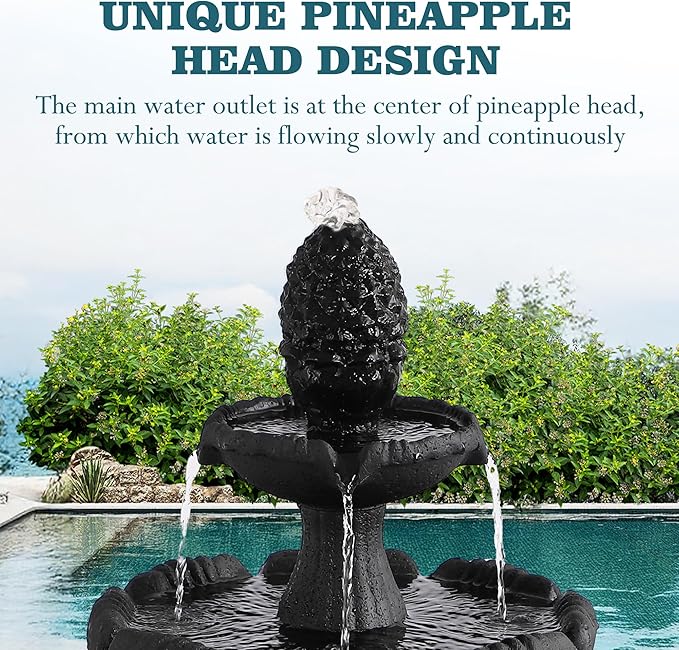 MAGIC UNION Garden Water Fountain Outdoor, 47.3" High Large Roman Italian Indoor Waterfalls, 3-Tier Standing Water Feature Fountains w/Pump & Pineapple Top for Outside Patio, Yard and Lawn (Black)