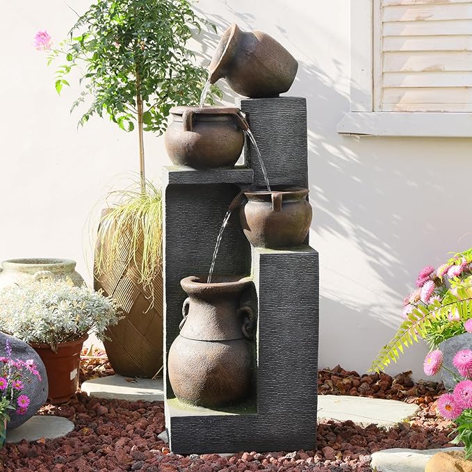 53" H Large Outdoor Water Fountain with Lights - 4 Tiered Cascading Bowls Waterfall Fountain for Garden, Patio, Backyard, Porch Inside - Freestanding Outdoor Water Feature Gold