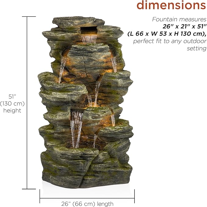 Alpine Corporation WIN1092 Outdoor Multitiered Rock Waterfall Floor Fountain with Warm White LED Lights, 51" Tall, Brown