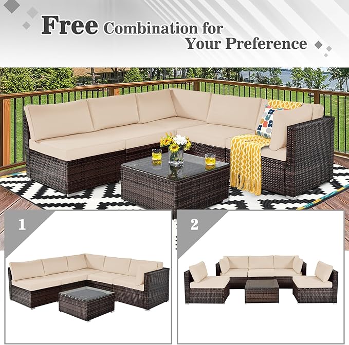 Tangkula 6 Pieces Patio Furniture Set, Outdoor Wicker Conversation Set with Glass Coffee Table, Wicker Sofa Set with Back & Seat Cushions, Rattan Sectional Conversation Set for Backyard Garden