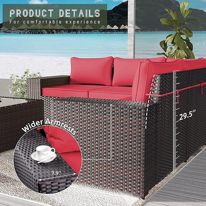12 PCS Outdoor Patio Furniture Set,Outdoor Sectional Furniture All Weather PE Rattan Wicker Patio Conversation Set with 2 Coffee Tables and 10 Thickened Cushions,Red