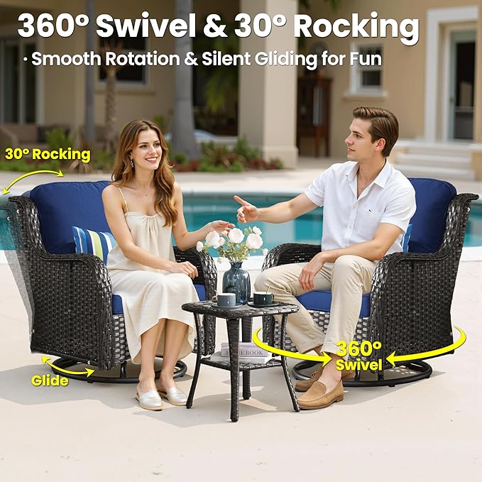 ovios 7-Piece Patio Furniture Set with Swivel Chairs Coffee Table, Outdoor Wicker Sofa with 54" Fire Pit Table, High Back Couch Modern Conversation Sets, Brown/Navy Blue