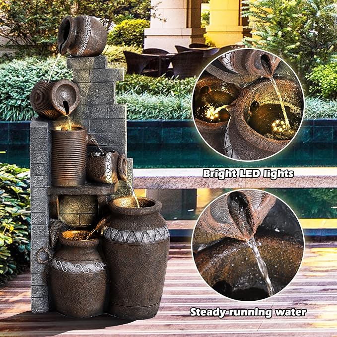 Grepatio Outdoor Water Fountain, Garden Waterfalls Fountains with LED Lights, 6 Tier Modern Indoor/Outdoor Floor Standing Water Fountain for Garden, Patio (10.6"(L) x 14.6"(W) x 31.5"(H))