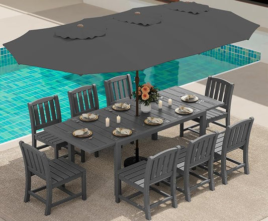 SERWALL 10-Piece Patio Dining Sets with 15FT Patio Umbrella, 60" - 83" Expandable Outdoor Dining Table and 8 HDPE Chairs, All Weather HDPE Outdoor Furniture Set, Grey (Umbreall Base not Included) by SERWALL
