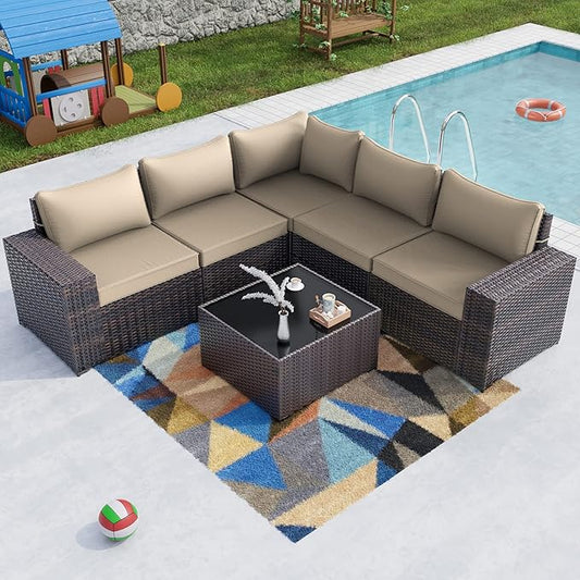Kullavik Outdoor Patio Furniture Set 6 Pieces Sectional Rattan Sofa Set Brown PE Rattan Wicker Patio Conversation Set with 5 Seat Cushions and 1 Tempered Glass Table,Sand
