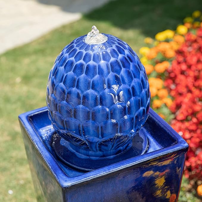 Glitzhome Water Fountain Outdoor with LED Light, Oversized Ceramic Pedestal Garden Fountains Outdoor, Artichoke Outdoor Fountains and Waterfalls Water Feature, Cobalt Blue, 35.75" H