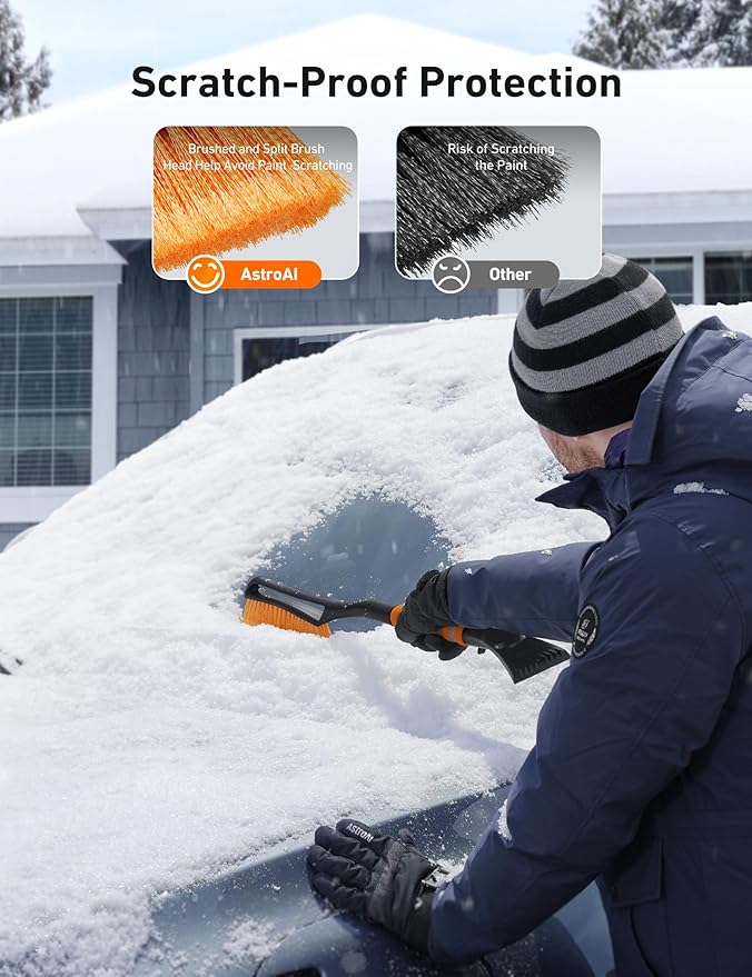 AstroAI 27" Snow Brush and Ice Scrapers for Car Windshield, Detachable Snow Scrapers with Ergonomic Foam Grip for Cars, Trucks, SUVs (Heavy Duty ABS, PVC Brush, Orange) - Image 4