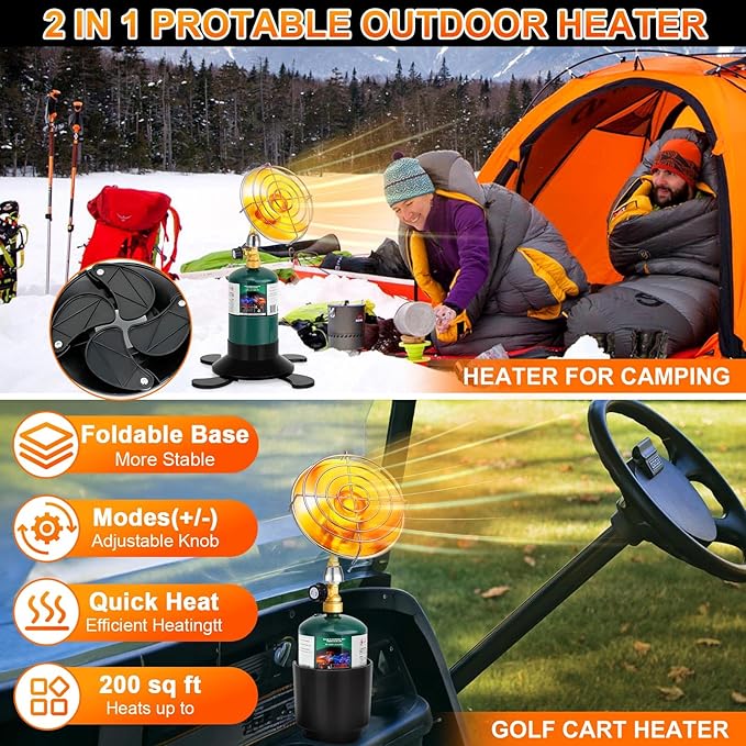 Golf Cart Heater, Portable Propane Heater with Foldable Base, Golf Cart Accessories, Safe 2-in-1 Outdoor Patio Heaters with Golf Cart Cup Holder, Gas Tank Cordless Heaters for Tent Camping Fishing