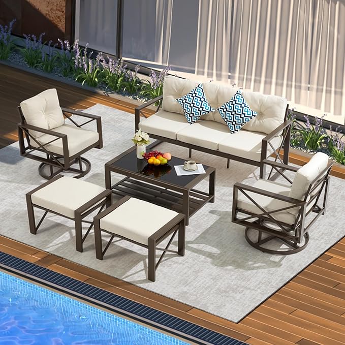 6 Pieces Metal Patio Furniture Set, Outdoor Seating Furniture with Swivel Chairs and Ottoman Ideal for Indoor Porch Deck Bistro Lawn Garden Backyard Poolside-Beige
