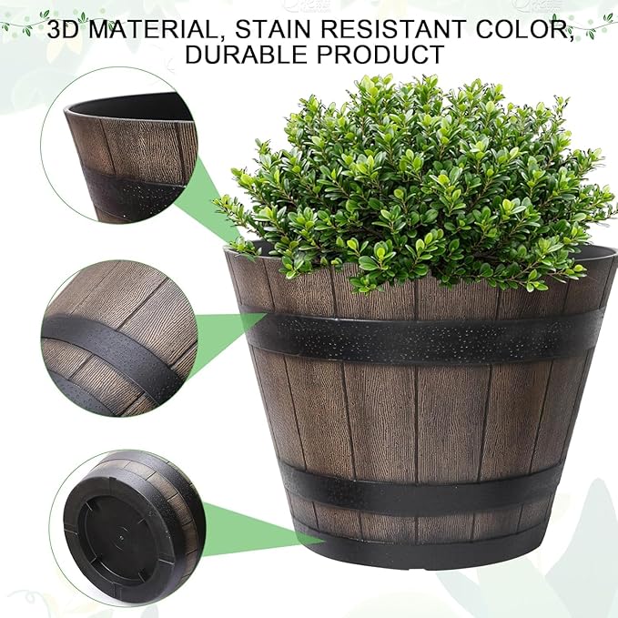 Large Plant Pots, 22.25 Inch 2 Pack Plastic Whiskey Barrel Planters, Big Flower Pots Wine Barrel Design for Outdoor Indoor, Garden, Porch, Patio, Backyard