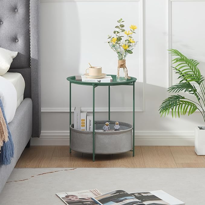 VECELO Round Side/End Table with Fabric Storage Basket，Metal Anti-Rust and Waterproof Small Bedside Nightstand with Removable Tray Top for Living Room，Balcony & Laundry，Dark Green /1pcs with Basket - Image 6