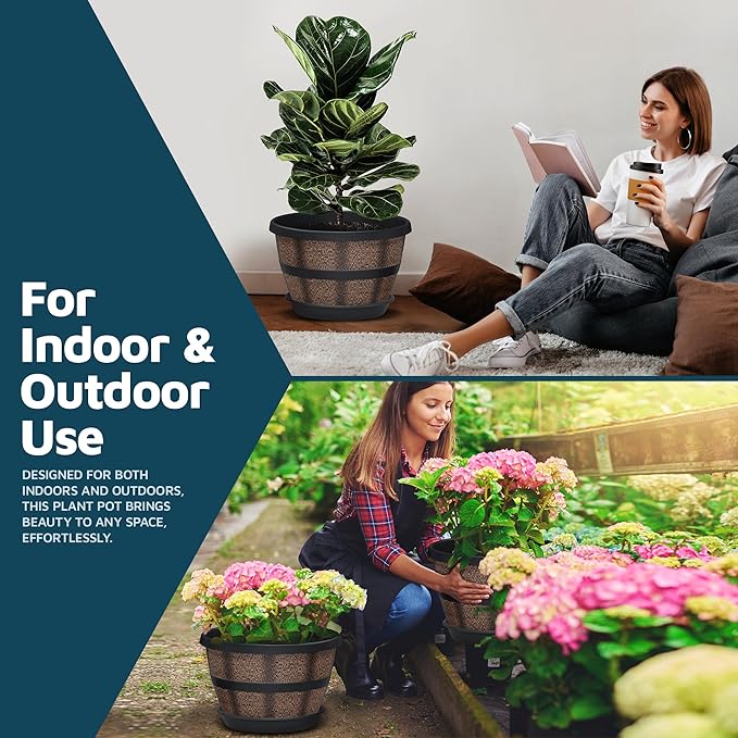 10-Inch Whiskey Barrel Planters Outdoor Pack of 20 - Durable Plastic Plant Pots for Indoor & Outdoor Use with Drainage & Saucer, Lightweight Rustic Barrel Planters for Flowers, Herbs & Small Plants