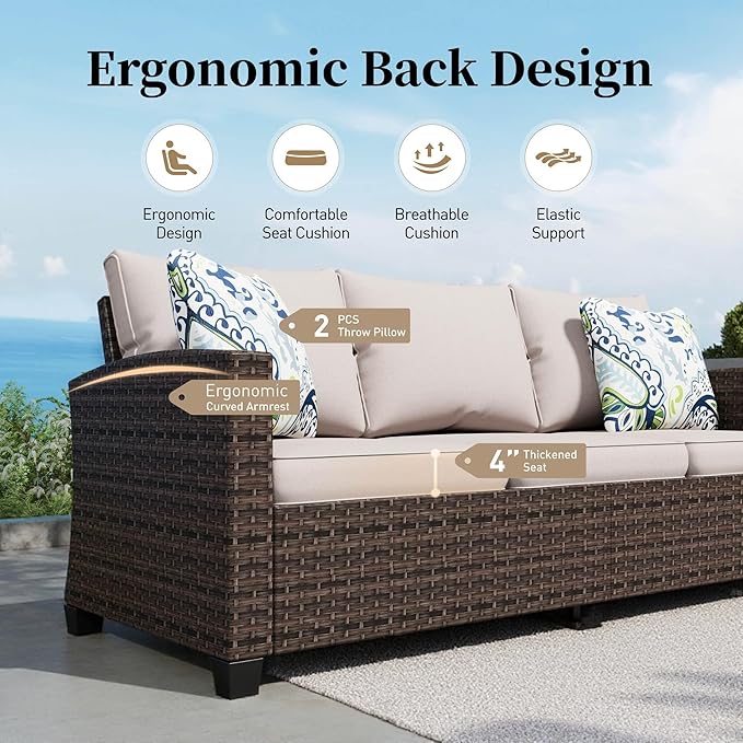 Patio Furniture Set Outdoor Furniture Brown Wicker Rattan Patio Conversation Sets with Cushion Outside Sofa Set,8 Pieces with Rectangular Firepit Table,12 Seats,Beige