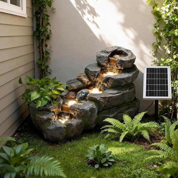 38.2" L Solar Water Fountain Outdoor Garden 5 Tiers Floor Standing Rock Natural Waterfall Outdoor Fountains with LED Lights and Planting Pot for Patio, Porch,Backyard,Home Art Decor