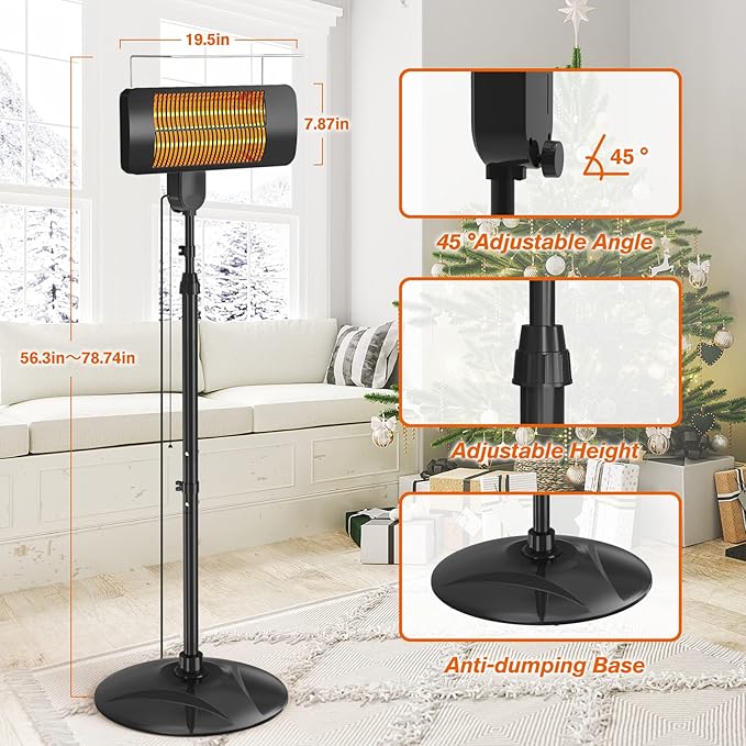 Outdoor Heaters for Patio, 1500W, 3 Heat Modes & 12H Timer, IP54 Waterproof Electric Heater with Adjustable Height, Tip-Over Protection, 78" Portable Infrared Heater for Indoor Outdoor use, Onyx