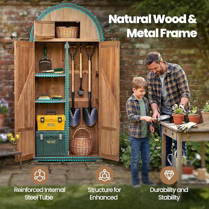 NORTHSKY All-in-One Outdoor Storage Shed, Waterproof Tool Garden Cabinet w/Domed Roof, Lockable Multi-Functional Organizer for Patio Lawn Backyard, 5 Storage Spaces & Double Doors - Solid Wood - Image 3