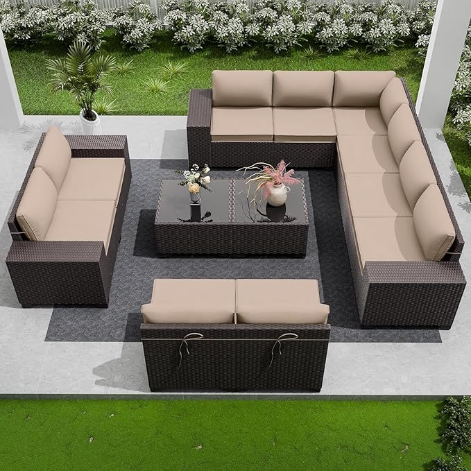 12 PCS Outdoor Patio Furniture Set,Outdoor Sectional Furniture All Weather PE Rattan Wicker Patio Conversation Set with 2 Coffee Tables and 10 Thickened Cushions,Sand
