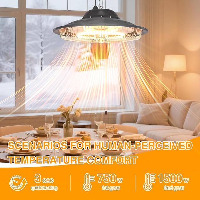 Hanging Patio Heater 1500W/750W, IP34 Waterproof Electric Patio Heater, Ceiling Mount Heater Infrared Gazebo Heater, Heater for Garage Indoor Outdoor Use for Porch Balcony