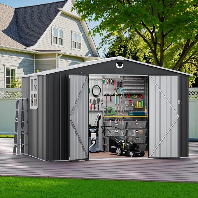10X8 FT Outdoor Storage Shed, Metal Garden Shed - Tool Storage Sheds with Lockable Doors & 1 Clear Window, Waterproof Outside Storage Building for Backyard, Patio (Black; Floor Not Included) by BENASS