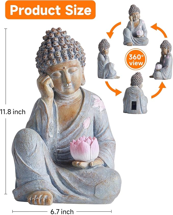 Buddha Statue Outdoor with Lotus Flower Light, IP65 Waterproof Solar Statue Lights, Outdoor Statues for Garden, Zen Decor for Garden, Home, Patio, Lawn