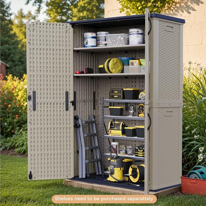 Patiowell 50 cu.ft Plastic Outdoor Storage Shed, Lockable Waterproof Resin Storage Cabinet Vertical Storage Shed for Garden Tools, Garbage Cans, Pool Supplies, Beige(Not Include Shelves) - Image 3