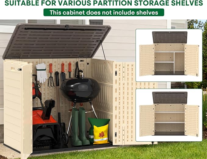 Outdoor Storage Shed, 30 Cu Ft Waterproof Horizontal Resin Storage Cabinet, Weather-Resistant Garden Shed Trash Can Storage with Pad-Lockable Doors for Backyards (Khaki) - Image 3