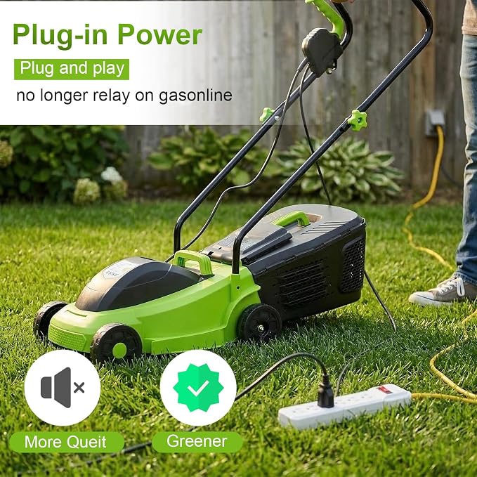 ‌FDW 13-Inch Electric Corded Push Lawn Mower - 12 Amp Motor, 3-Position Height Adjustment, Dethatcher Function & Grass Collection Box - Image 4