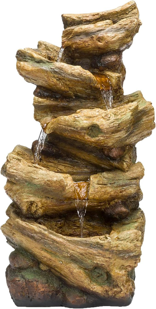 Alpine Corporation TZL226 Outdoor 4 Tier Log Tree Trunk Waterfall Floor Fountain with LED Lights, Tiered Garden Décor, 24" H, Brown