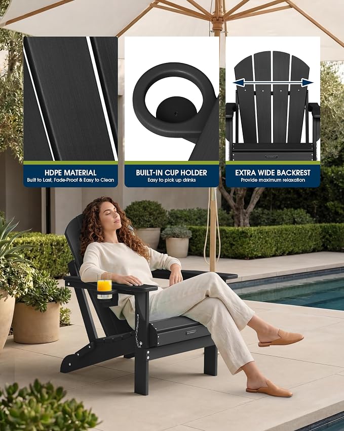 MUCHENGHY Folding Adirondack Chairs 6 Pack, Patio Chairs, Fire Pit Chairs, Outdoor Chairs, Plastic Adirondack Chairs, Lawn Chairs Weather Resistant with Cup Holder for Deck, Backyard, Garden(Black) - Image 8